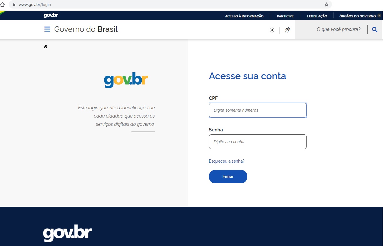 Tela inicial do gov.br e página de login