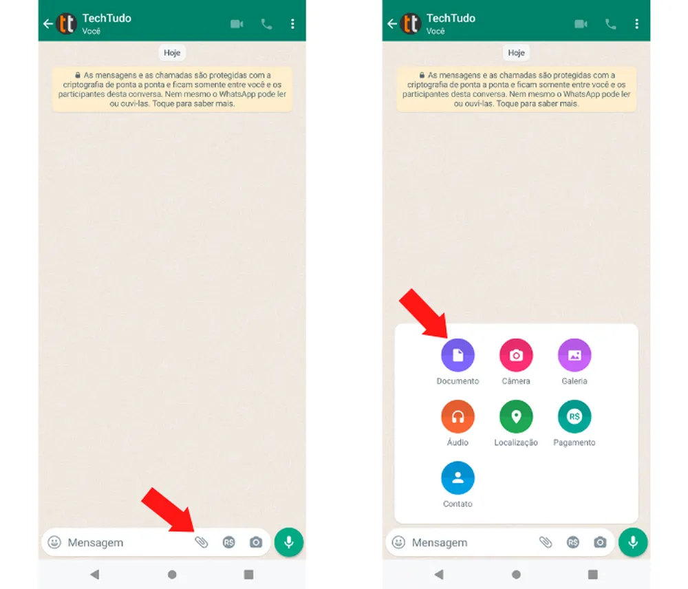 Tela do WhatsApp (conversas) e botão de anexar.