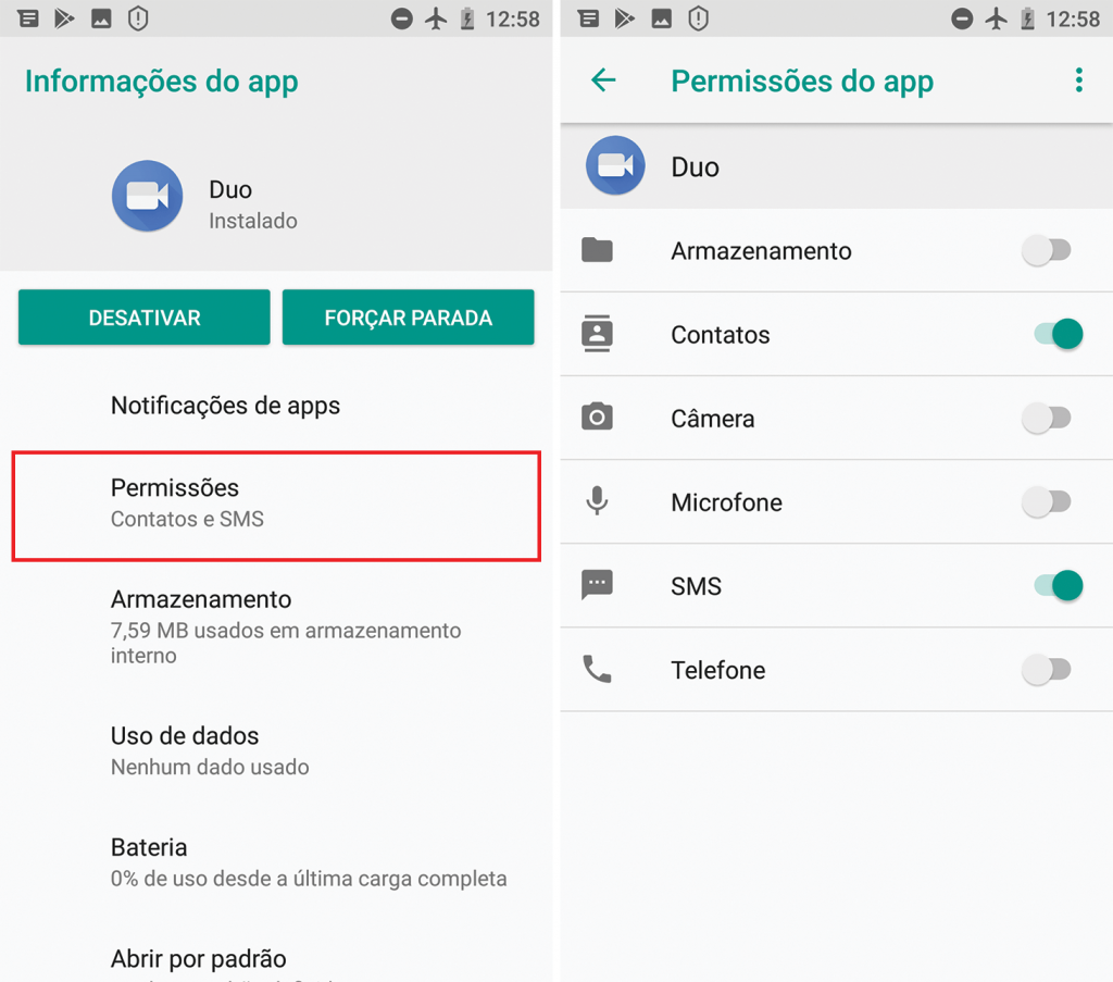 Tela de permissões de aplicativos e configuração de bloqueio